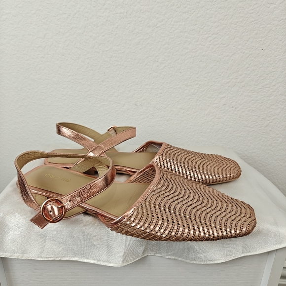 Pilcro Anthropologie Rose Gold Metallic Woven Leather Buckle Flats Size 10 - Picture 5 of 11